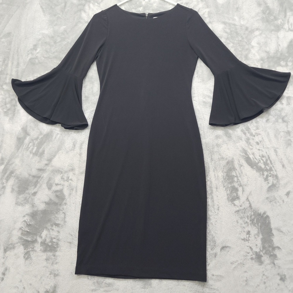 Calvin Klein Dress Womens 2 Black 3/4 Bell Sleeve Sheath Stretch Party Office‎